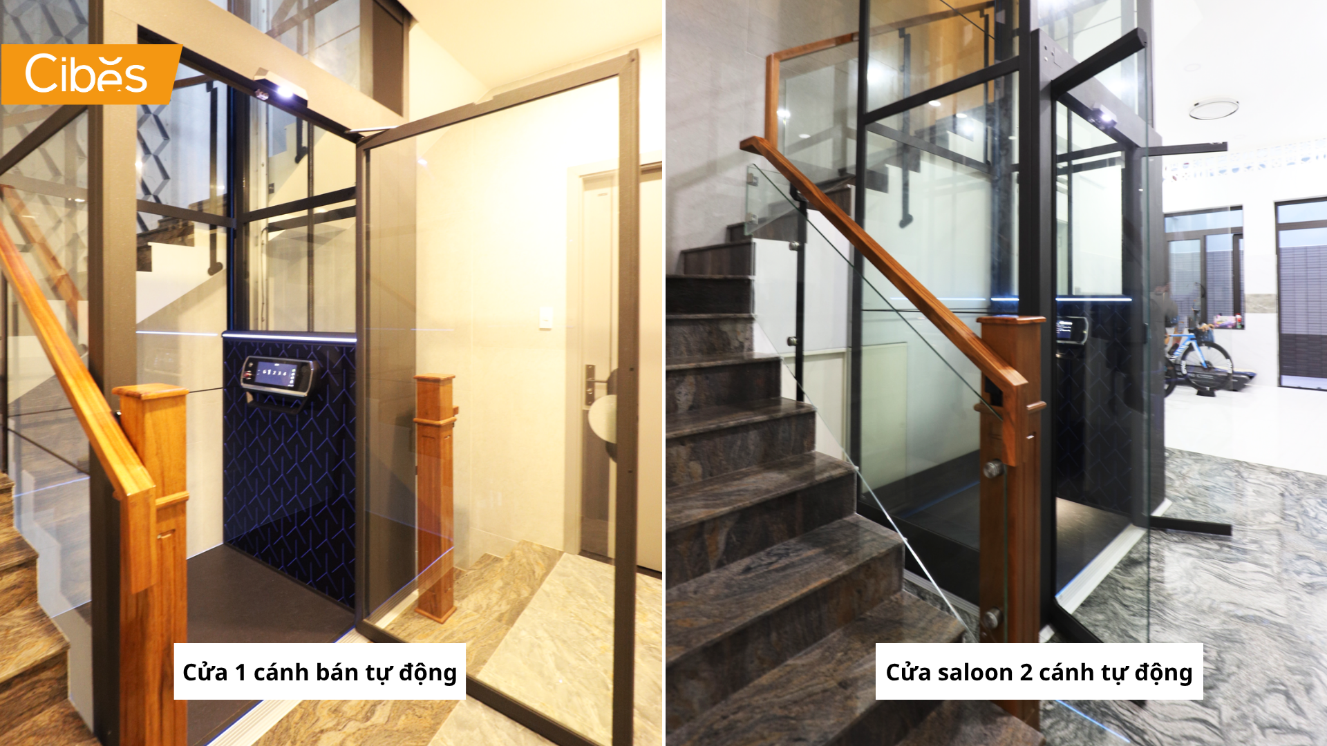Thang máy vách kính Cibes V80i tích hợp cửa 1 cánh và 2 cánh saloon tự động